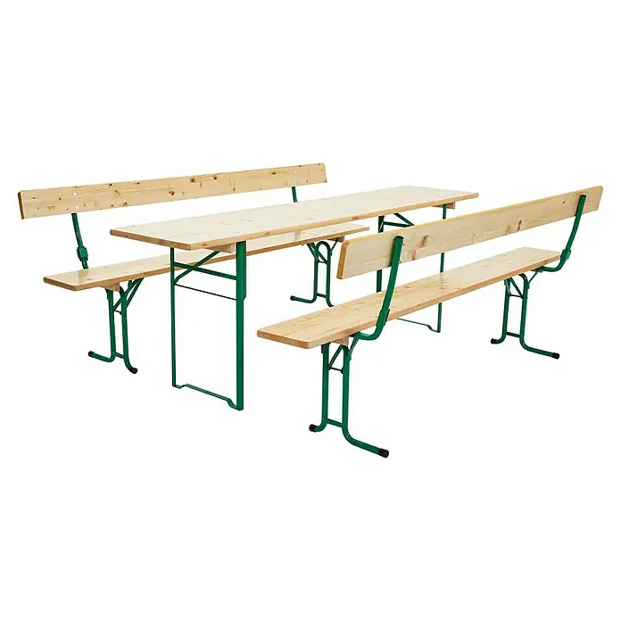 Sunfun Bierzeltgarnitur - 3 -tlg., Nadelholz/Stahl, Klappbar, Naturbraun/Grün, Tisch (L x B x H): 220 x 50 x 77 cm, Bank (B x T x H): 220 x 25 x 49 cm, Mit Rückenlehne - Biertischgarnitur mit einem Tisch und zwei Bänken mit Rückenlehne. Perfekt für jede Gartenparty oder ein zünftiges Beisammensein.