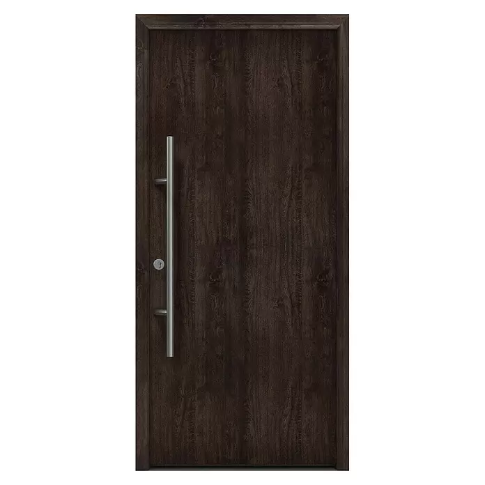 Hörmann EcoStar Haustür ISOPRO Secur IPS 010 - 110 x 210 cm, DIN Anschlag: Links, Night Oak - Dunkelbraune Holztür mit vertikalem silbernem Stangengriff und Schlüsselloch.