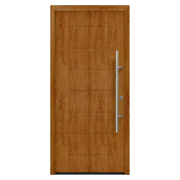 Hörmann EcoStar Haustür ISOPRO Secur IPS 015 - 110 x 210 cm, DIN Anschlag: Rechts, Golden Oak - Moderne braune Holztür mit horizontalen Rillen, langem Edelstahlgriff und Schloss.