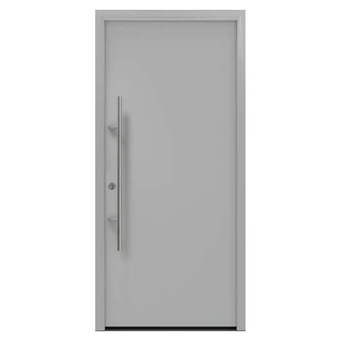Hörmann EcoStar Haustür ISOPRO Secur IPS 010 - 110 x 210 cm, DIN Anschlag: Links, Weißaluminium - Moderne graue Tür mit langem vertikalem Griff und Schlüsselloch.