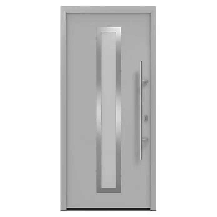 Hörmann EcoStar Haustür ISOPRO IP 700S - 110 x 210 cm, DIN Anschlag: Rechts, Weißaluminium - Moderne graue Haustür mit vertikalem Glaseinsatz und langem silbernen Stangengriff.