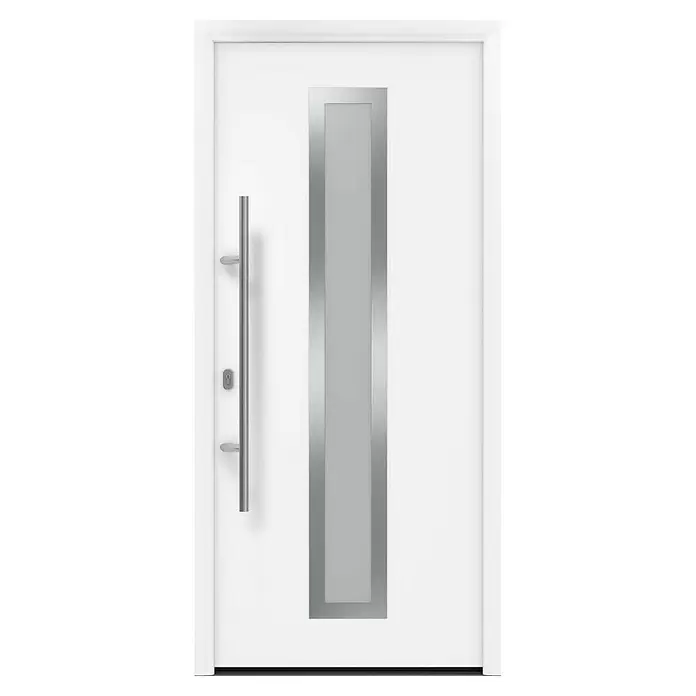 Hörmann EcoStar Haustür ISOPRO IP 700S - 110 x 210 cm, DIN Anschlag: Links, Verkehrsweiß - Moderne weiße Eingangstür mit langem silbernem Stangengriff, Schlüsselloch und vertikalem Glaseinsatz mit Silberrahmen.