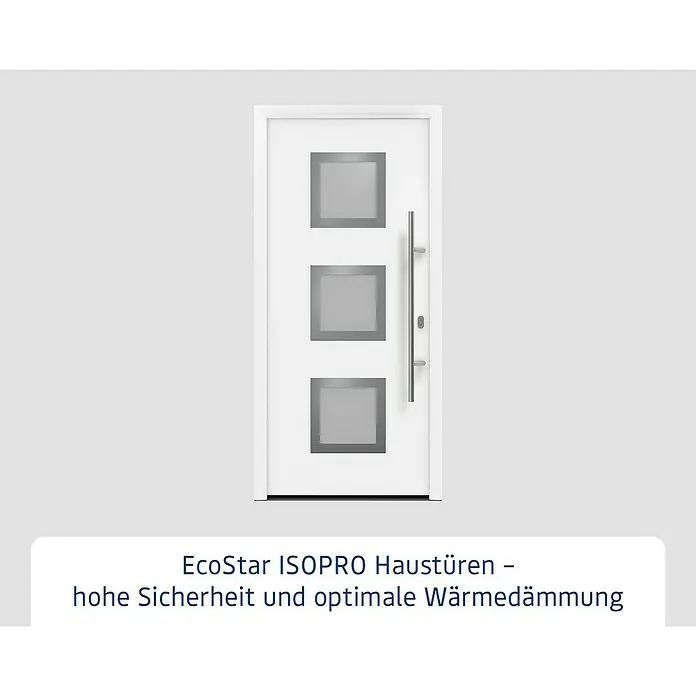 Hörmann EcoStar Haustür ISOPRO IP 810S - 110 x 210 cm, DIN Anschlag: Rechts, Verkehrsweiß - EcoStar ISOPRO Haustür mit drei quadratischen Fenstern und einem eleganten, silberfarbenen Griff für hohe Sicherheit und optimale Wärmedämmung.