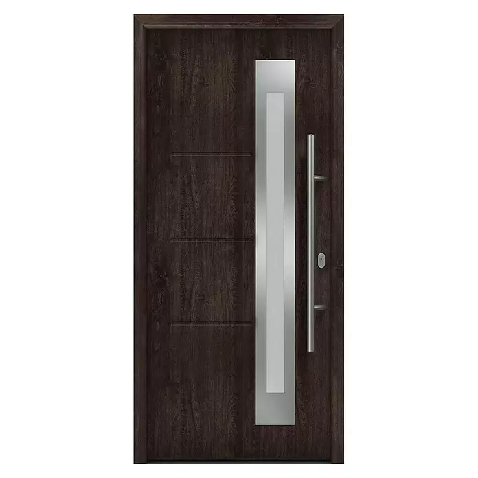 Hörmann EcoStar Haustür ISOPRO IP 780S - 110 x 210 cm, DIN Anschlag: Rechts, Night Oak - Moderne dunkelbraune Eingangstür in Holzoptik mit vertikalem gebürstetem Metalleinsatz und langem Stangengriff.