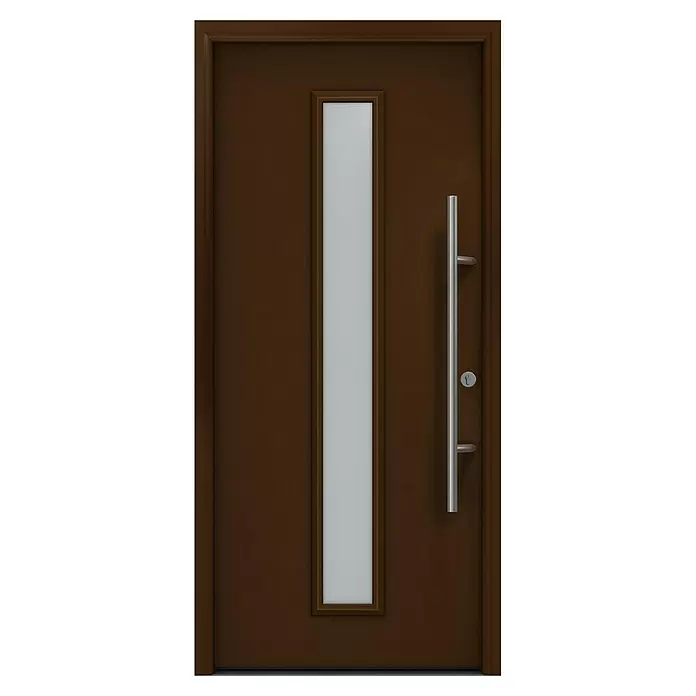 Hörmann EcoStar Haustür ISOPRO Secur IPS 020S - 110 x 210 cm, DIN Anschlag: Rechts, Terrabraun - Moderne braune Tür mit vertikaler Milchglasscheibe und langem silbernem Griff.