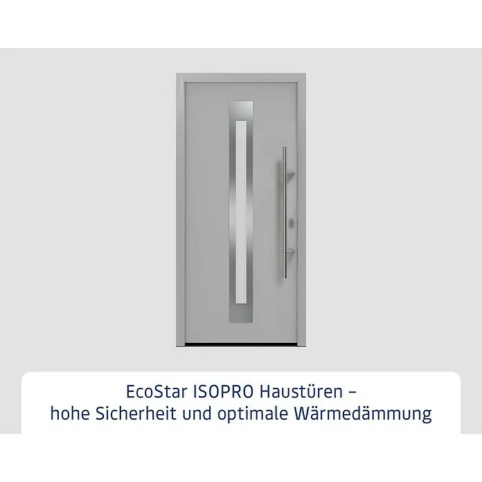 Hörmann EcoStar Haustür ISOPRO IP 770S - 110 x 210 cm, DIN Anschlag: Rechts, Weißaluminium - Graue EcoStar ISOPRO Haustür mit einem schlanken Fenster und einem eleganten Türgriff für ein modernes Erscheinungsbild.