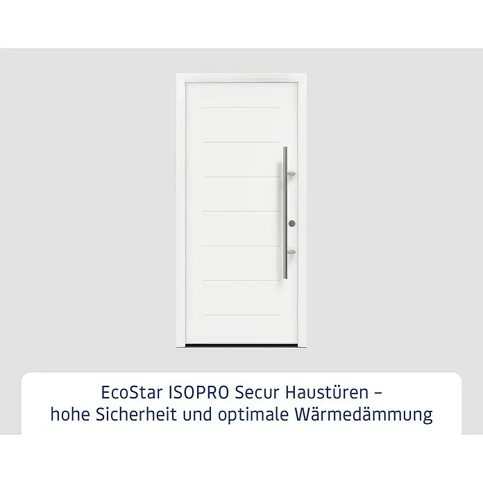 Hörmann EcoStar Haustür ISOPRO Secur IPS 015 - 110 x 210 cm, DIN Anschlag: Rechts, Verkehrsweiß - Eine moderne, weiße EcoStar ISOPRO Secur Haustür mit geradlinigem Design und einem langen, silbernen Türgriff.