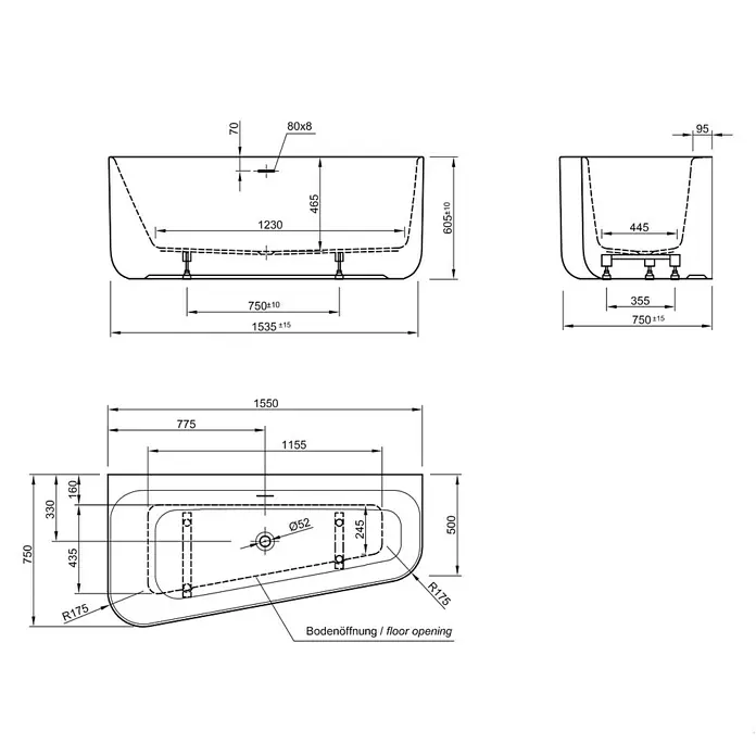 Ottofond Raumsparbadewanne Debby - 155 x 75 cm, Sanitäracryl, Weiß, Rechts, Mit Ablaufgarnitur und Wannenrandarmatur - Technische Zeichnung einer Badewanne mit Maßen und Ansichten.