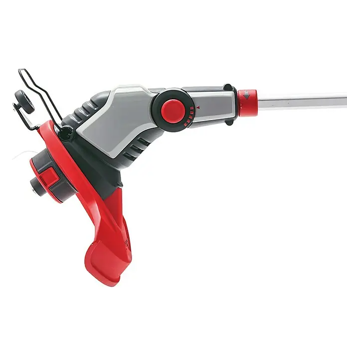 AL-KO 36V Akku-Rasentrimmer GT 4030 - 36 V, 4 Ah, Li-Ionen, Ohne Akku, Schnittbreite Faden: 30 cm - Nahaufnahme einer roten und grauen Gartenschere mit Verlängerungsstiel. Das Werkzeug ist sauber und bereit für den Einsatz im Garten.
