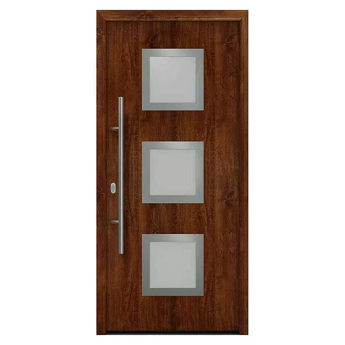 Hörmann EcoStar Haustür ISOPRO IP 810S - 110 x 210 cm, DIN Anschlag: Links, Dark Oak - Moderne dunkle Holztür mit drei quadratischen Milchglasfenstern und vertikalem Metallgriff.