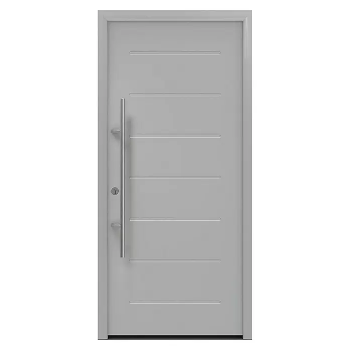 Hörmann EcoStar Haustür ISOPRO Secur IPS 015 - 110 x 210 cm, DIN Anschlag: Links, Weißaluminium - Hellgraue moderne Tür mit horizontalen Rillen und langem Griff aus gebürstetem Metall.