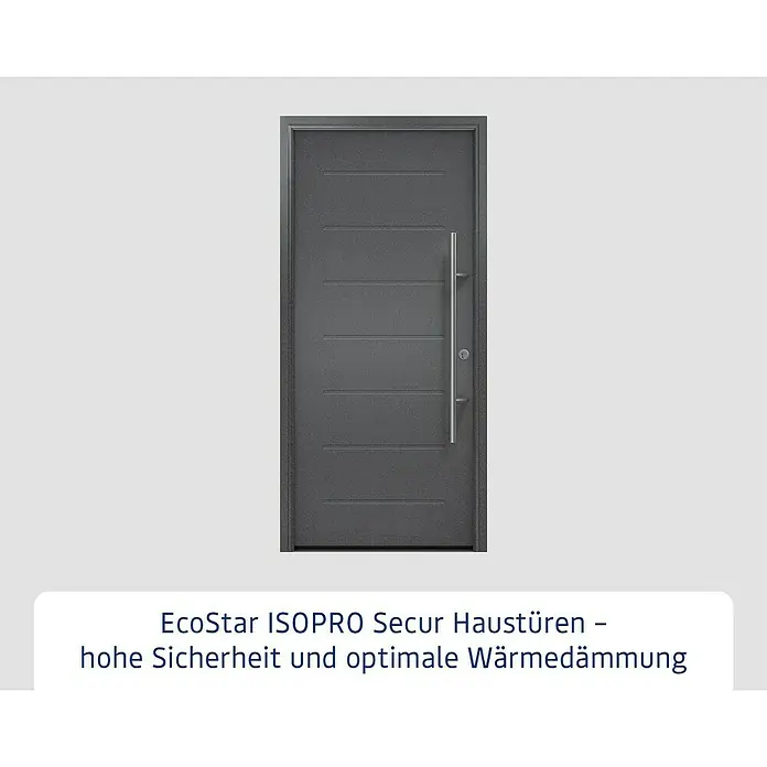 Hörmann EcoStar Haustür ISOPRO Secur IPS 015 - 110 x 210 cm, DIN Anschlag: Rechts, CH 703 Anthrazit Metallic - Abbildung einer modernen Haustür EcoStar ISOPRO Secur in Anthrazit mit Edelstahlgriff für hohe Sicherheit und Wärmedämmung.