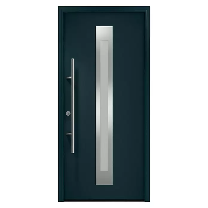 Hörmann EcoStar Haustür ISOPRO Secur IPS 770S - 110 x 210 cm, DIN Anschlag: Links, Anthrazitgrau - Moderne dunkelblaue Haustür mit langem, gebürstetem Metallgriff und vertikaler silberner Zierplatte mit transluzentem Einsatz.