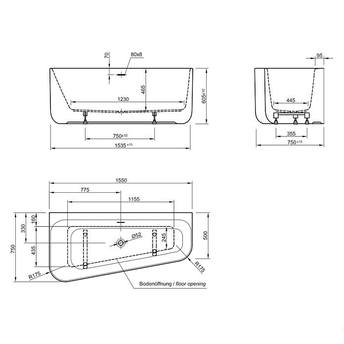 Ottofond Badewanne Debby155 x 75 cm, Rechtsseitig, Mit Ab- & Überlaufgarnitur, Sanitäracryl, Weiß Unknown