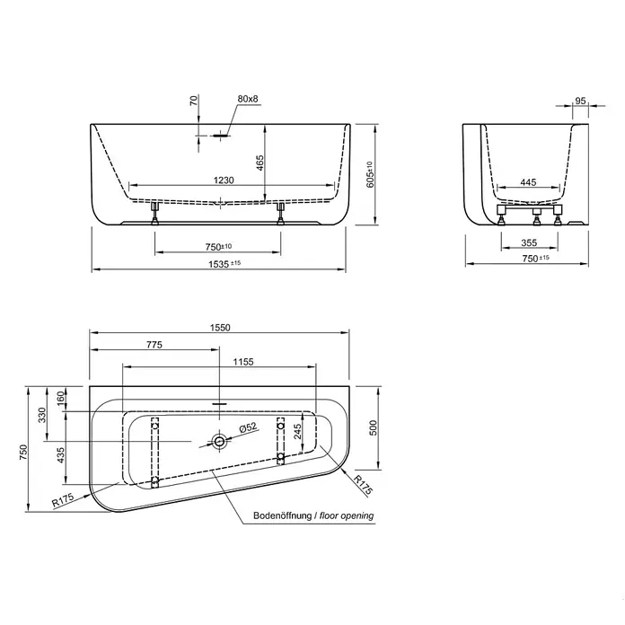 Ottofond Raumsparbadewanne Debby - 155 x 75 cm, Sanitäracryl, Weiß, Rechts, Mit Ablaufgarnitur - Technische Zeichnung einer Badewanne mit detaillierten Maßangaben, Ansichten und Bodenöffnung.