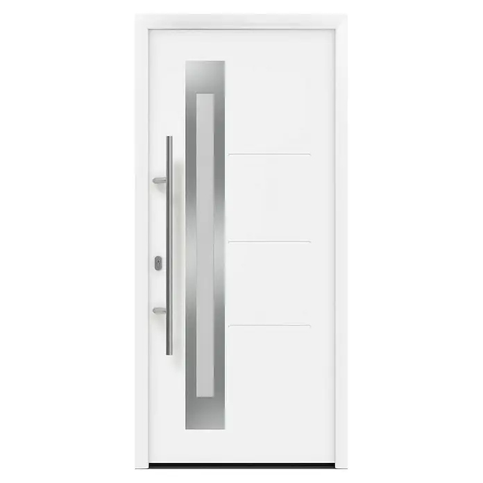 Hörmann EcoStar Haustür ISOPRO IP 780S - 110 x 210 cm, DIN Anschlag: Links, Verkehrsweiß - Weiße Haustür mit Edelstahlgriff, Glaseinsatz und horizontalen Designelementen. Elegante Optik für einen modernen Eingangsbereich.