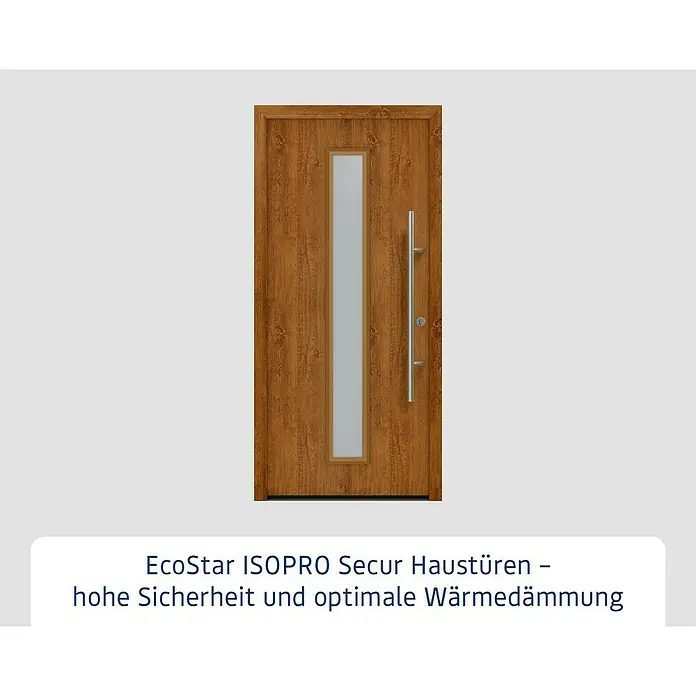 Hörmann EcoStar Haustür ISOPRO Secur IPS 020S - 110 x 210 cm, DIN Anschlag: Rechts, Golden Oak - Braune EcoStar ISOPRO Secur Haustür mit Glasausschnitt und Edelstahlgriff bietet hohe Sicherheit und Wärmedämmung.