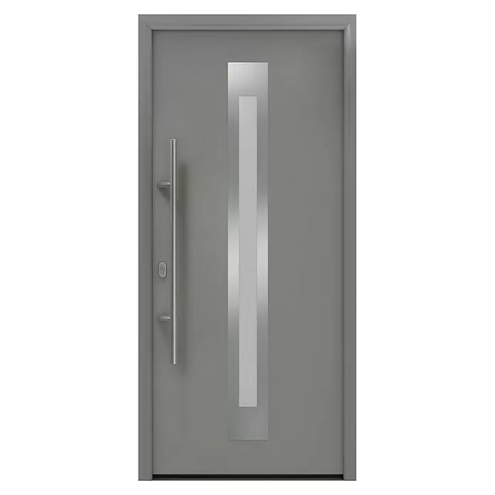 Hörmann EcoStar Haustür ISOPRO IP 770S - 110 x 210 cm, DIN Anschlag: Links, Graualuminium - Moderne graue Eingangstür mit vertikaler silbergerahmter Milchglasscheibe und langem silbernem Griff.
