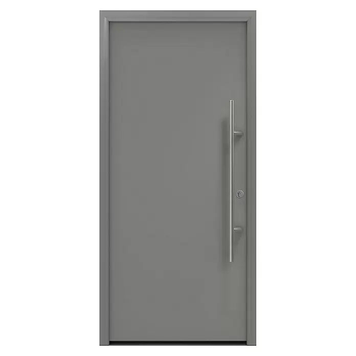Hörmann EcoStar Haustür ISOPRO Secur IPS 010 - 110 x 210 cm, DIN Anschlag: Rechts, Graualuminium - Eine moderne graue Tür mit einem langen, vertikalen silbernen Griff und einem Schlüsselloch.