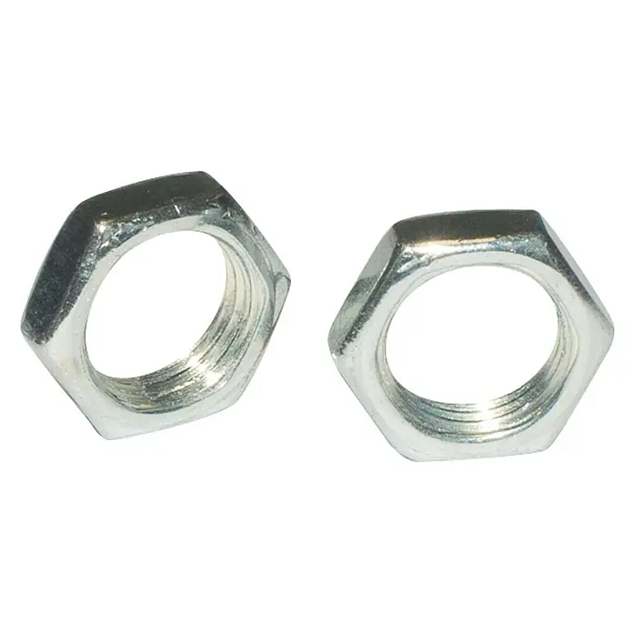 Micel Brimic Tuerca TRC9 - M 10, Acero, 4 ud. - Primer plano de dos tuercas hexagonales metálicas con rosca interior, acabado brillante y forma hexagonal, ideal para diversas fijaciones.