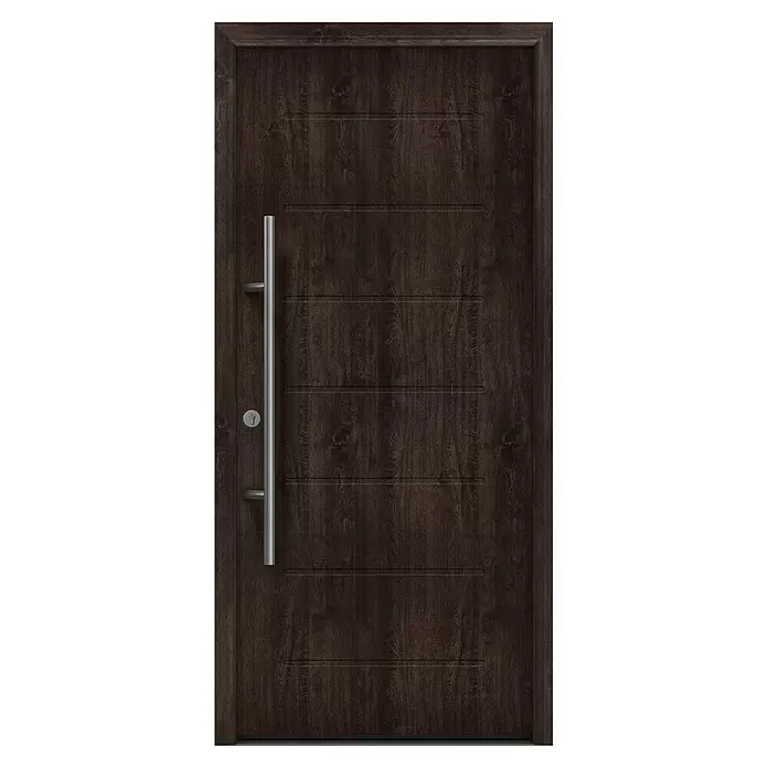 Hörmann EcoStar Haustür ISOPRO Secur IPS 015 - 110 x 210 cm, DIN Anschlag: Links, Night Oak - Dunkelbraune Holzeingangstür mit horizontalen Rillen und langem silbernem Zuggriff links, inklusive Schlüsselloch.