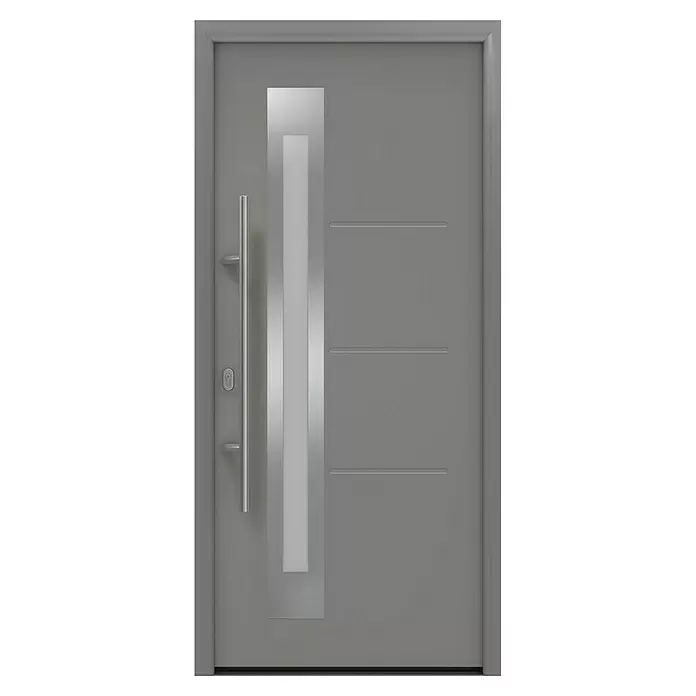 Hörmann EcoStar Haustür ISOPRO IP 780S - 110 x 210 cm, DIN Anschlag: Links, Graualuminium - Moderne graue Eingangstür mit vertikalem Glaseinsatz, langem silbernen Stangengriff und horizontalen Zierrillen.