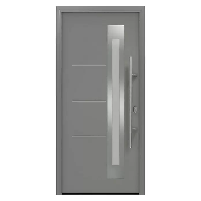 Hörmann EcoStar Haustür ISOPRO IP 780S - 110 x 210 cm, DIN Anschlag: Rechts, Graualuminium - Moderne graue Eingangstür mit horizontalen Rillen, einem vertikalen Metall- und Milchglaseinsatz und einem langen Stangengriff.