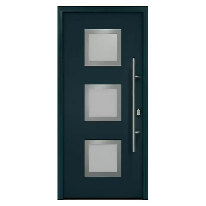 Hörmann EcoStar Haustür ISOPRO IP 810S - 110 x 210 cm, DIN Anschlag: Rechts, Anthrazitgrau - Dunkelblaue moderne Tür mit drei quadratischen Milchglas-Einsätzen und einem vertikalen silbernen Stangengriff.
