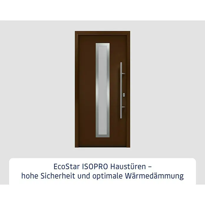 Hörmann EcoStar Haustür ISOPRO IP 700S - 110 x 210 cm, DIN Anschlag: Rechts, Terrabraun - EcoStar ISOPRO Haustür in Braun mit langem, silberfarbenem Griff und schmalem Fenstereinsatz.