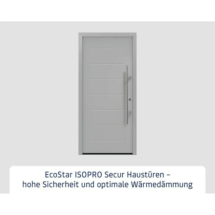 Hörmann EcoStar Haustür ISOPRO Secur IPS 015 - 110 x 210 cm, DIN Anschlag: Rechts, Weißaluminium - Eine graue EcoStar ISOPRO Secur Haustür mit horizontalen Linien und einem langen, silbernen Griff. Hohe Sicherheit und Wärmedämmung.