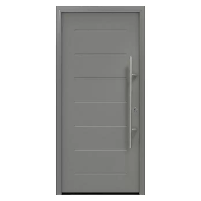 Hörmann EcoStar Haustür ISOPRO Secur IPS 015 - 110 x 210 cm, DIN Anschlag: Rechts, Graualuminium - Moderne graue Tür mit horizontalen Rillen, langem silbernem Stangengriff und Schlüsselloch.