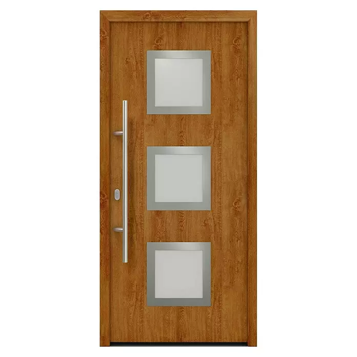 Hörmann EcoStar Haustür ISOPRO IP 810S - 110 x 210 cm, DIN Anschlag: Links, Golden Oak - Moderne braune Holztür mit drei Milchglasfenstern, silbergrauen Rahmen und langem Stangengriff.