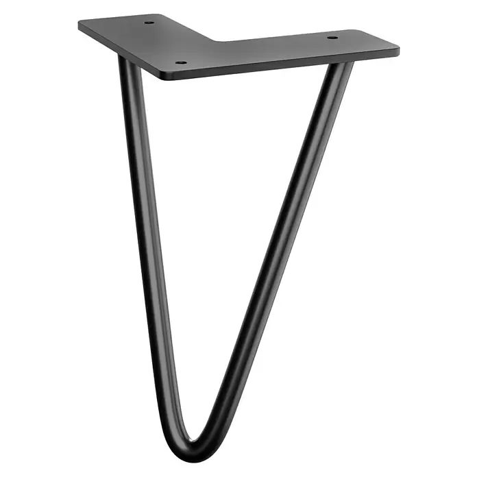 Walteco Möbelfuß Hairpin II - Höhe: 200 mm, Stahl, Schwarz - Schwarzes Metall-Haarnadel-Möbelbein mit L-förmiger Montageplatte und Schraublöchern.