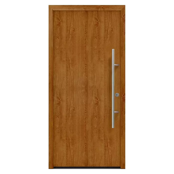 Hörmann EcoStar Haustür ISOPRO Secur IPS 010 - 110 x 210 cm, DIN Anschlag: Rechts, Golden Oak - Hellbraune Holztür mit vertikaler Maserung, modernem silbernen Stangengriff und Schlüsselschloss.