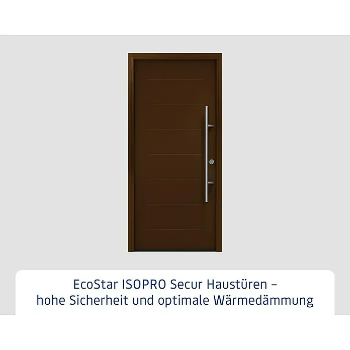 Hörmann EcoStar Haustür ISOPRO Secur IPS 015 - 110 x 210 cm, DIN Anschlag: Rechts, Terrabraun - Braune EcoStar ISOPRO Secur Haustür mit horizontalen Linien und einem langen, senkrechten Griff für hohe Sicherheit und Wärmeisolierung.