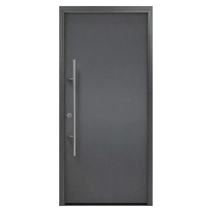 Hörmann EcoStar Haustür ISOPRO Secur IPS 010 - 110 x 210 cm, DIN Anschlag: Links, CH 703 Anthrazit Metallic - Dunkelgraue, moderne Tür mit strukturierter Oberfläche, langem vertikalen silbernen Griff und Schlüsselloch.