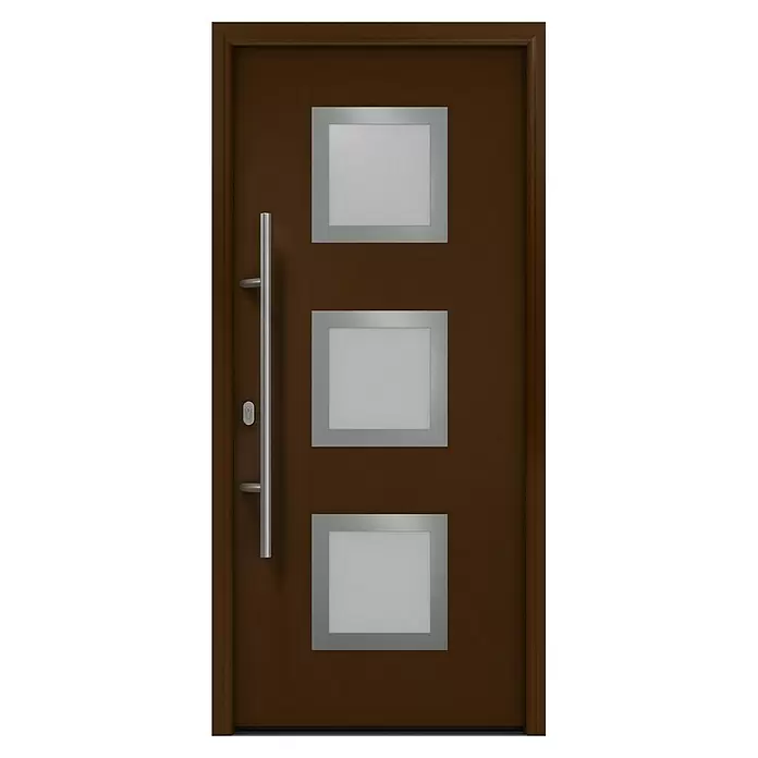 Hörmann EcoStar Haustür ISOPRO IP 810S - 110 x 210 cm, DIN Anschlag: Links, Terrabraun - Moderne braune Tür mit drei rechteckigen Milchglaseinsätzen in Silberrahmen und langem Silbergriff.