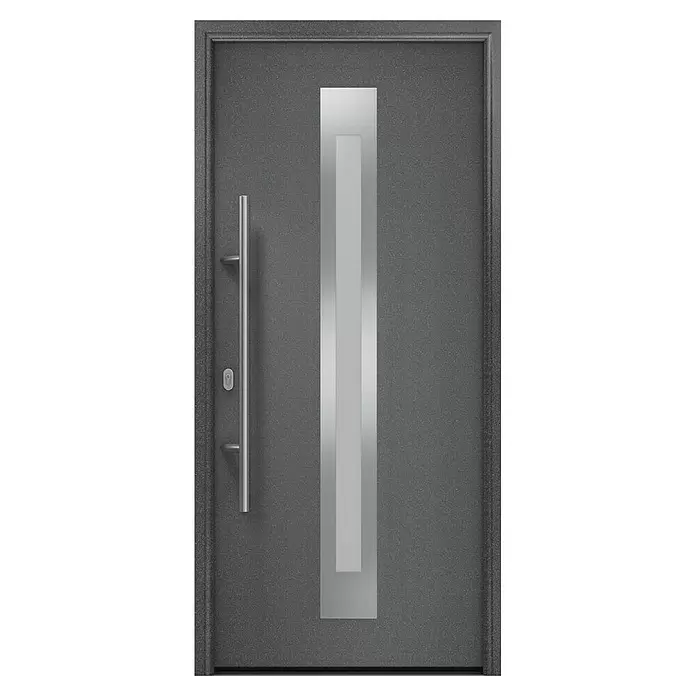 Hörmann EcoStar Haustür ISOPRO IP 770S - 110 x 210 cm, DIN Anschlag: Links, CH 703 Anthrazit Metallic - Anthrazitfarbene Eingangstür mit vertikalem Einsatz aus gebürstetem Metall und langem silbernem Stangengriff.