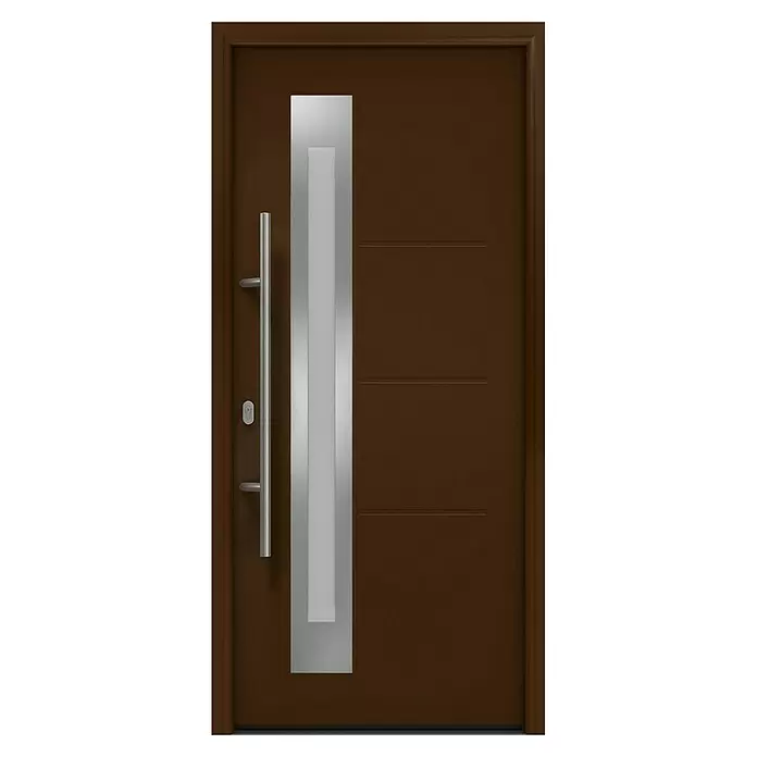 Hörmann EcoStar Haustür ISOPRO IP 780S - 110 x 210 cm, DIN Anschlag: Links, Terrabraun - Moderne braune Tür mit langem silbernem Griff, vertikalem Silber-Weiß-Einsatz und drei horizontalen Rillen.