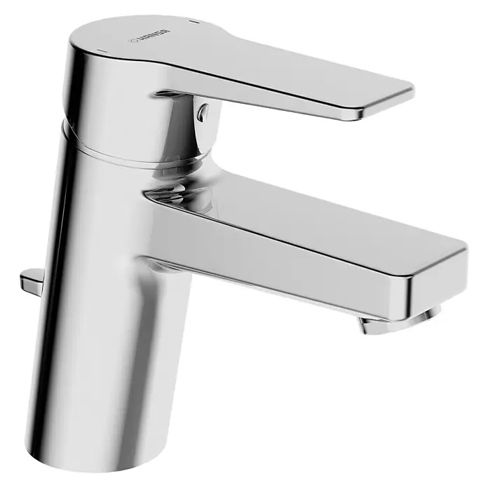 Hansa Twist Waschtischarmatur - Mit Zugstange, Chrom, Glänzend, Mit flexiblen Anschlussschläuchen - Nahaufnahme einer glänzenden Chrom-Hansa-Armatur, die durch ihr modernes und schlankes Design besticht. Sie ist ideal für jedes Badezimmer.