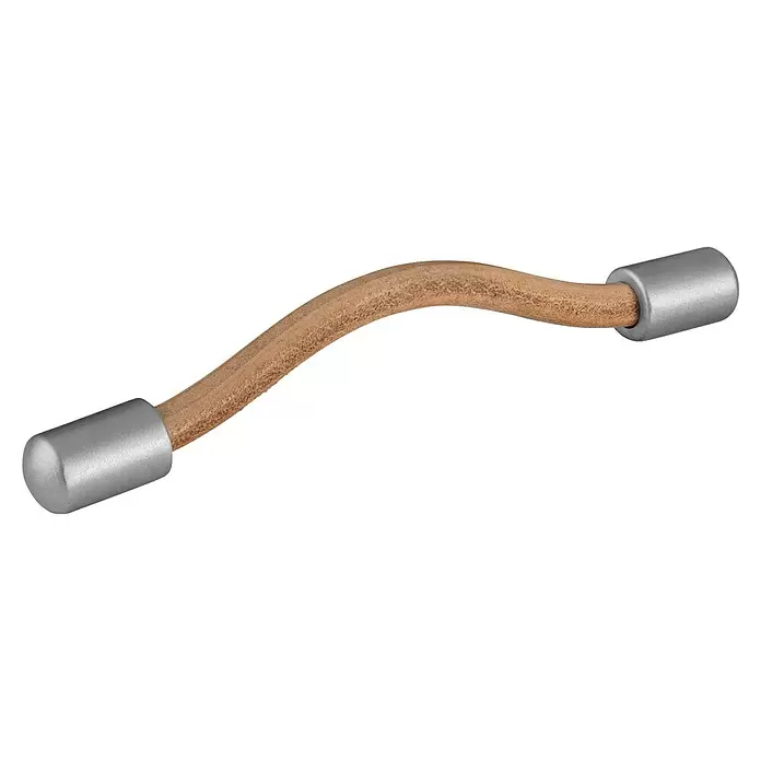 Walteco Möbelgriff Izola - Lochabstand: 128 mm, Leder, Leder-Optik - Gekrümmter, hellbrauner, strukturierter Stab mit silbernen Endkappen.