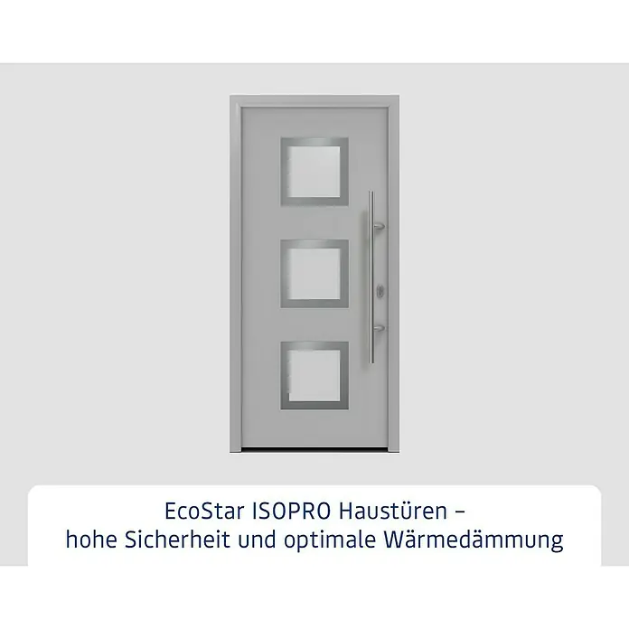 Hörmann EcoStar Haustür ISOPRO IP 810S - 110 x 210 cm, DIN Anschlag: Rechts, Weißaluminium - Graue Haustür mit drei quadratischen Fenstern und einem langen Griff, die für Sicherheit und optimale Wärmedämmung sorgt.