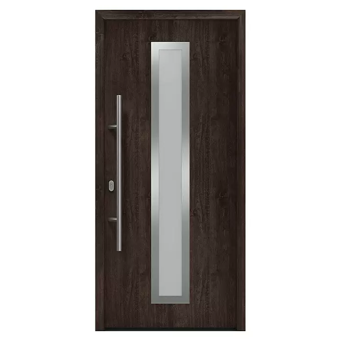 Hörmann EcoStar Haustür ISOPRO IP 700S - 110 x 210 cm, DIN Anschlag: Links, Night Oak - Moderne Tür in dunkler Holzoptik mit langem Silbergriff, Schlüsselloch und vertikaler Milchglasscheibe mit Silberrahmen.