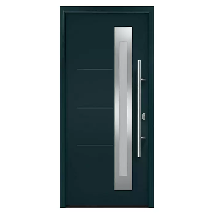 Hörmann EcoStar Haustür ISOPRO IP 780S - 110 x 210 cm, DIN Anschlag: Rechts, Anthrazitgrau - Moderne dunkelblaue Haustür mit vertikaler silberner Akzentleiste, mattiertem Glaseinsatz, langem Griff und zwei horizontalen Zierlinien.