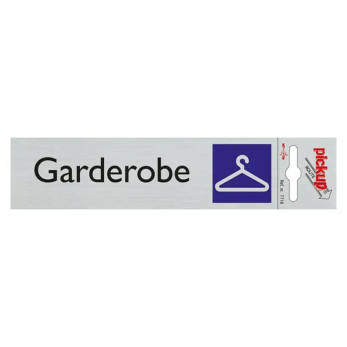 Pickup AufkleberMotiv: Garderobe, L x B: 165 x 44 mm - Das Bild zeigt ein silbernes Garderobenschild mit der Aufschrift "Garderobe" in schwarzer Schrift und einem blauen Piktogramm eines Kleiderbügels.