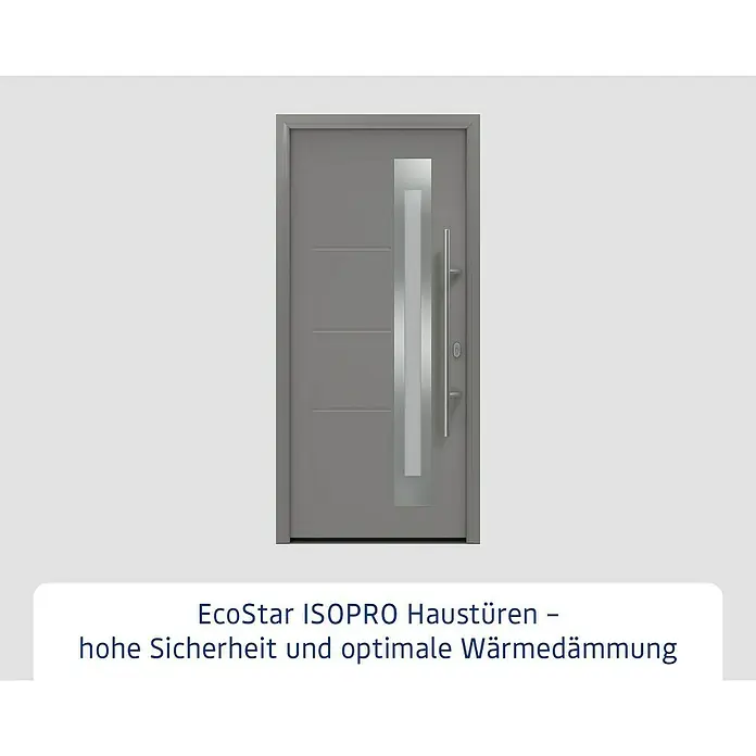 Hörmann EcoStar Haustür ISOPRO IP 780S - 110 x 210 cm, DIN Anschlag: Rechts, Graualuminium - Graue EcoStar ISOPRO Haustür mit Glasfenster und Griff, die Sicherheit und Wärmedämmung bietet.