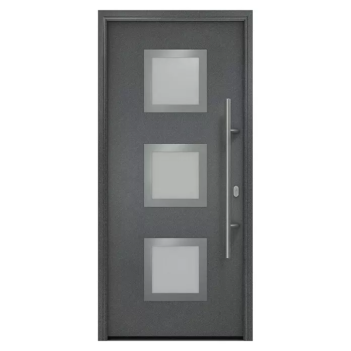 Hörmann EcoStar Haustür ISOPRO IP 810S - 110 x 210 cm, DIN Anschlag: Rechts, CH 703 Anthrazit Metallic - Anthrazitgraue moderne Eingangstür mit drei Milchglaseinsätzen und einem langen Edelstahl-Stoßgriff.