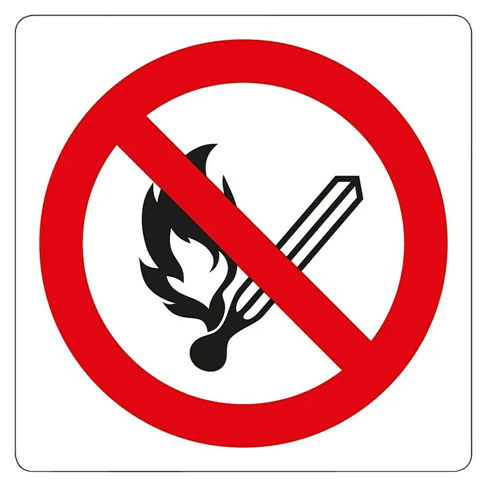 Pickup Aufkleber - L x B: 7,5 x 7,5 cm, Feuer verboten - Warnschild: Keine offene Flamme! Das Symbol zeigt ein durchgestrichenes Streichholz mit Flamme, um auf Brandgefahr hinzuweisen.