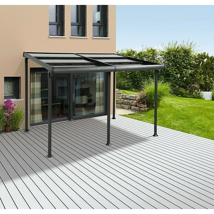Sunfun Pérgola adosada Sera - An x Pr: 400 x 300 cm, Antracita, Aluminio - Una elegante cubierta de patio hecha de metal oscuro, que ofrece protección y sombra. Perfecto para horas relajadas al aire libre.