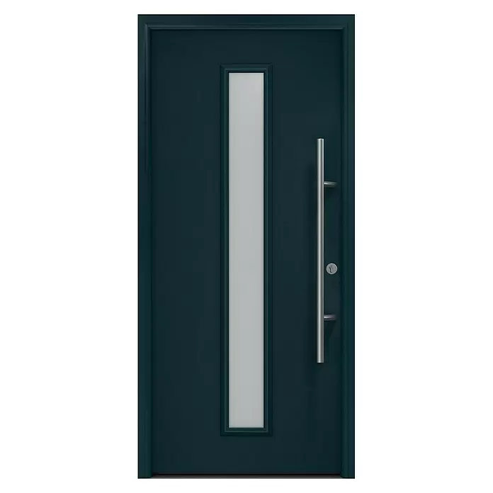 Hörmann EcoStar Haustür ISOPRO Secur IPS 020S - 110 x 210 cm, DIN Anschlag: Rechts, Anthrazitgrau - Moderne dunkelblaue Eingangstür mit vertikaler Milchglasscheibe und langem silbernen Stangengriff.